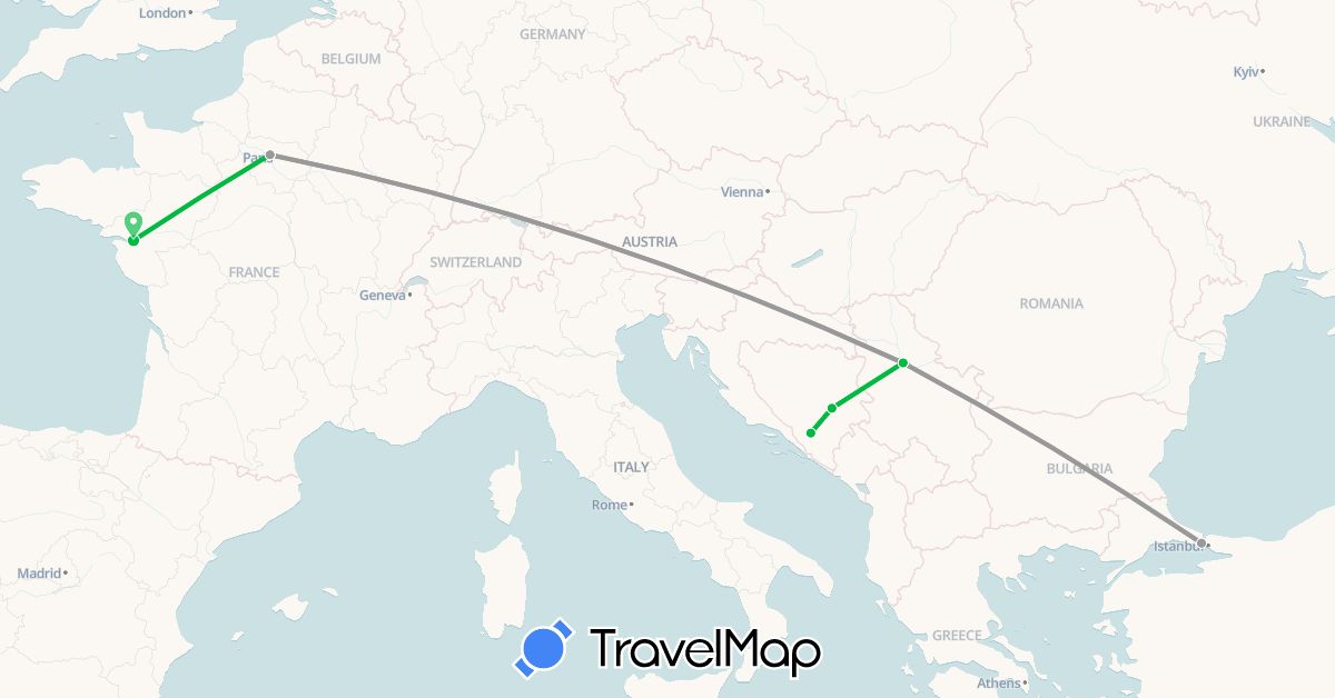 TravelMap itinerary: driving, bus, plane in Bosnia and Herzegovina, France, Serbia, Turkey (Asia, Europe)